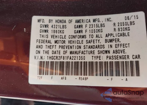 2015 Honda Accord Ex-L из США, поврежденный, VIN 1HGCR2F81FA221350